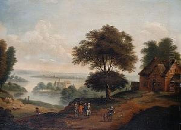 Figures Before A Hillside Cottage, An Extensive Landscape Beyond - view 1