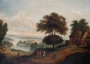 Figures Before A Hillside Cottage, An Extensive Landscape Beyond