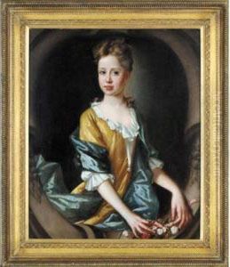 Portrait Of A Young Girl, Half Length, Wearing A Yellow Dress With A Blue Cloak Holding Some Flowers by Henry Tilson