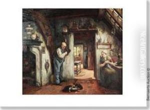 Interieur Paysan Anime D'un Couple Et De Chats. by Henri Timmermans