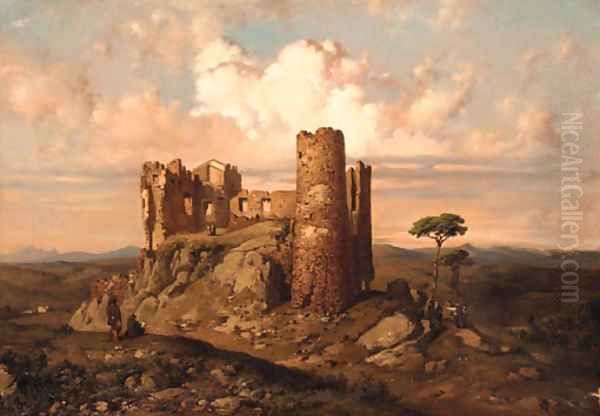 Figures among ruins with an extensive mountainous landscape beyond - view 1
