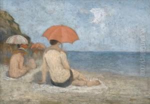Frau Mit Rotem Sonnenschirm An Einem Normannischen Strand