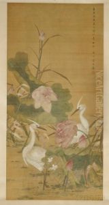 Two Cranes With Lotus Flowers And Leaves, by Jiang Tingxi