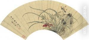 Lingzhi, Flowers And Rock by Jiang Tingxi