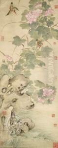Peonies, Birds And A Garden Roc by Jiang Tingxi