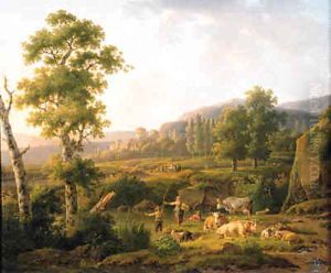 A shepherdess conversing with an angler on a river bank