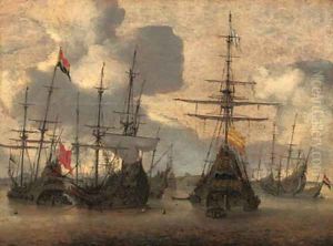 Dutch men-o-war anchored off the coast by Hendrik van Anthonissen
