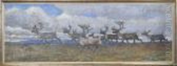 Renhjorden Drager Forbi, Signerad Och Daterad Nils Tiren 1917 - view 1