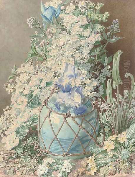 Gladioli, irises, sweet peas, apple blossom, primulas and other spring flowers in an oriental vase - view 1