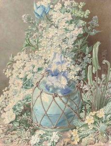 Gladioli, irises, sweet peas, apple blossom, primulas and other spring flowers in an oriental vase by Henry Anelay