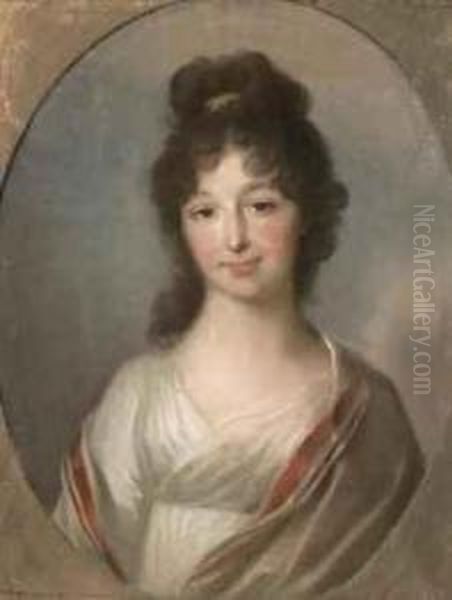Portrait Of A Lady, Half-length, In A White Dress With A Red Wrap,in A Painted Oval - view 1