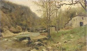 Ferme au bord d'un torrent dans le Jura By a river in a hilly landscape by Adolphe Appian