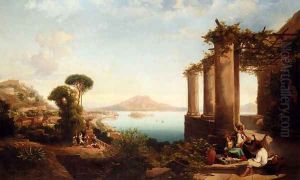 The Castle Of Ischia, In The Bay Of Naples, Mount Vesuvius Beyond by Thomas Brabazon Aylmer