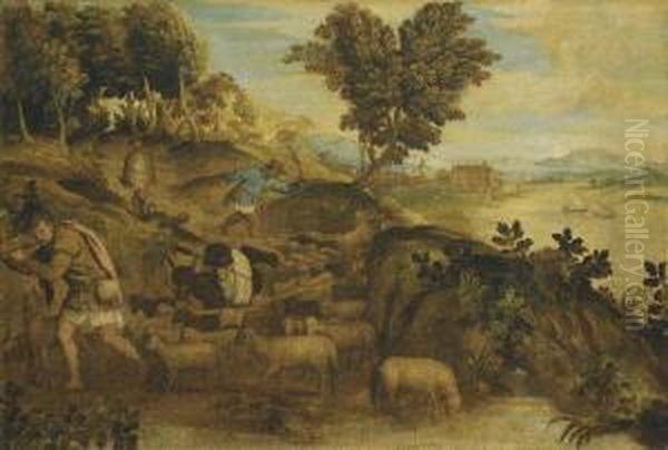 A Pastoral Landscape With Three Shepherds Attending Their Flock Of Sheep And A Donkey, A River With Boats Sailing, A Town And Mountains Beyond - view 1