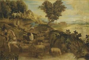 A Pastoral Landscape With Three Shepherds Attending Their Flock Of Sheep And A Donkey, A River With Boats Sailing, A Town And Mountains Beyond