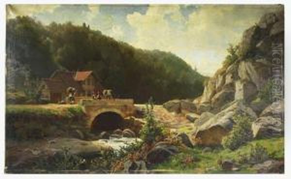 Mountain Landscape With House And People On Stone Bridge - view 1
