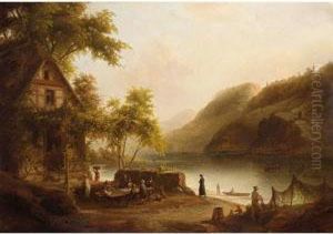Travellers Drinking And Eating Near A Lake