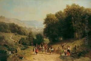 Mittelgebirgslandschaft Mit Bauerlichem Festzug. by Jacobus Nicolaas Tjarda Van Stachouwer