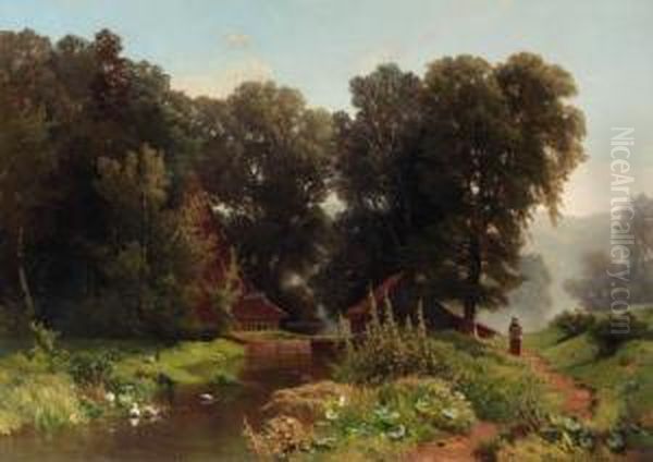 A Sunlit Farmyard With A Peasant Girl Knitting - view 1