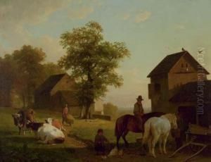 Farmworkers With Cows Near A Barn