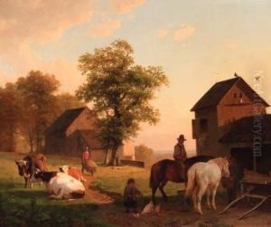 Farmyard With Peasants And Cattle by Jacobus Nicolaas Tjarda Van Stachouwer