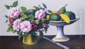 Vase De Roses Et Coupe De Fruits by Felix Elie Tobeen