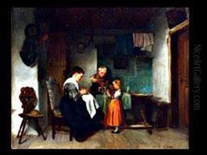 Mutter Mit Zwei Kindern In Der Stube by Victor Tobler