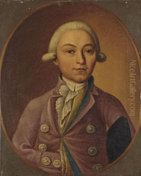 Portrait De Gentilhomme Avec Un Gilet Mauve Dans Un Ovale Peint - view 1