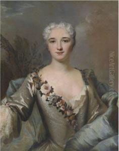 Portrait Of A Lady, Half Length In A Landscape, Wearing A Silverdress With A Floral Wreath
