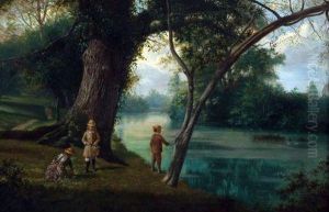 Children Fishing And Picking Flowers On A River Bank by Henry George Todd