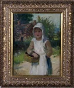 A Girl Carrying A Basket, Walking On A Country Lane Near A Cottage by Ralph Todd