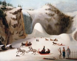 Sledges And Figures Skating On The Frozen Lake In Front Of Montmorency Falls by Robert Clow Todd