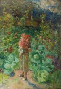 Madre E Bimba In Un Sentiero Fiorito by Giovanni Battista Todeschini