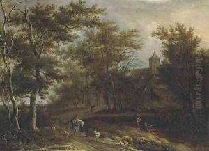 A wooded river landscape with a peasant on horseback, a shepherd with his flock and other peasants fishing outside a village by Pieter Jansz. van Asch