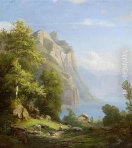 Rocky Landscape With A Lake And A Herd by Carl Johann Fr. Toeche