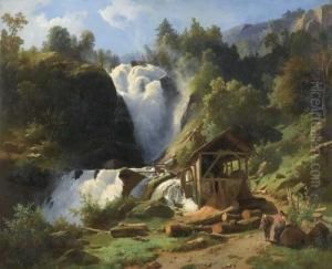 Waterfall And Mill. by Carl Johann Fr. Toeche