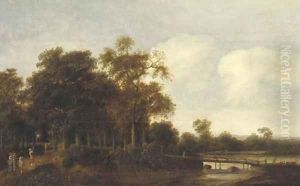 A wooded river landscape with hunters on a path by Pieter Jansz. van Asch