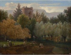 Paysage Boise Avec Cours D'eau, Tour Et Personnages by Wolfgang-Adam Toepffer