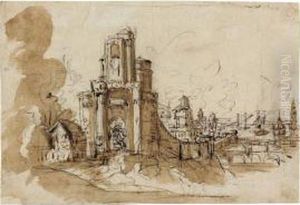 A Cityscape With An Elaborate Tower And Bridge Leading To A Port by Lodovico Pozzoserrato (see Toeput, Lodewijk)