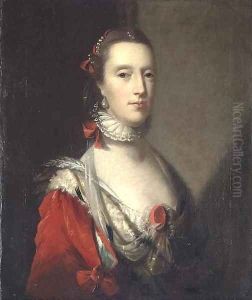 Portrait of a lady, bust-length, in an elaborate red dress with ermine trim, with a white lace ruff, and pearls in her hair