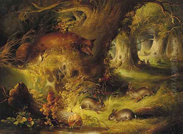 A fox with rabbits in a wood - view 1