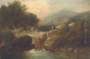 An angler in a river landscape by George Armfield