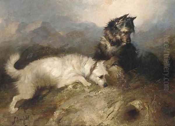 Terriers ratting in a barn; and Terriers at a rabbit hole by George Armfield