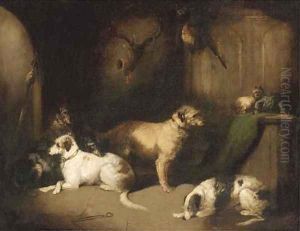 Hounds and terriers in a baronial hall by George Armfield