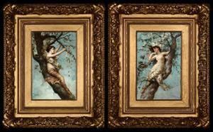 Figures Frolicking In Trees With Spring Blossoms by Virgilio Tojetti
