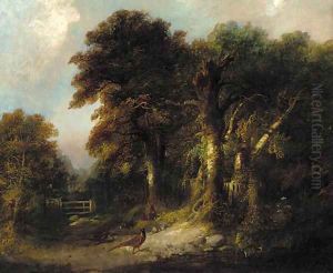Pheasants and rabbits on a wooded track by George Armfield