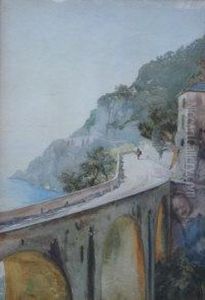 Figure On Donkey On A Viaduct By Rocky Coast With Buildings In Background by Pownoll Toker Williams