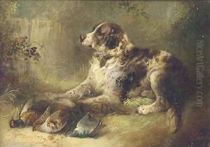 A spaniel with dead game by George Armfield