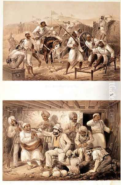 Two scenes of the Indian Mutiny in 1857 depicting mutinous sepoys and an English agent extracting treasure after the occupation of Delhi - view 1