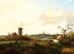 Landschap Met Molen En Rustendekoeien by Jan Bedijs Tom